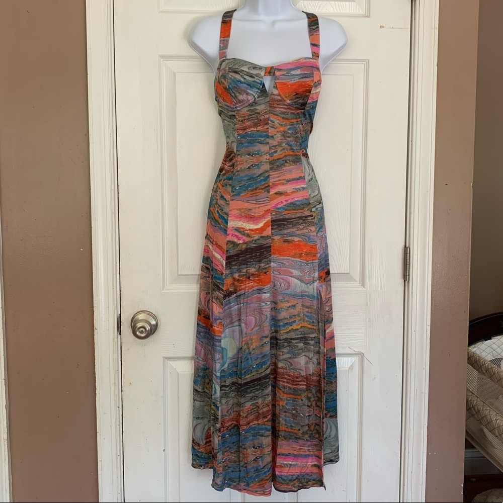 free people underwire maxi side slit dress gorgeous colors abstract pattern